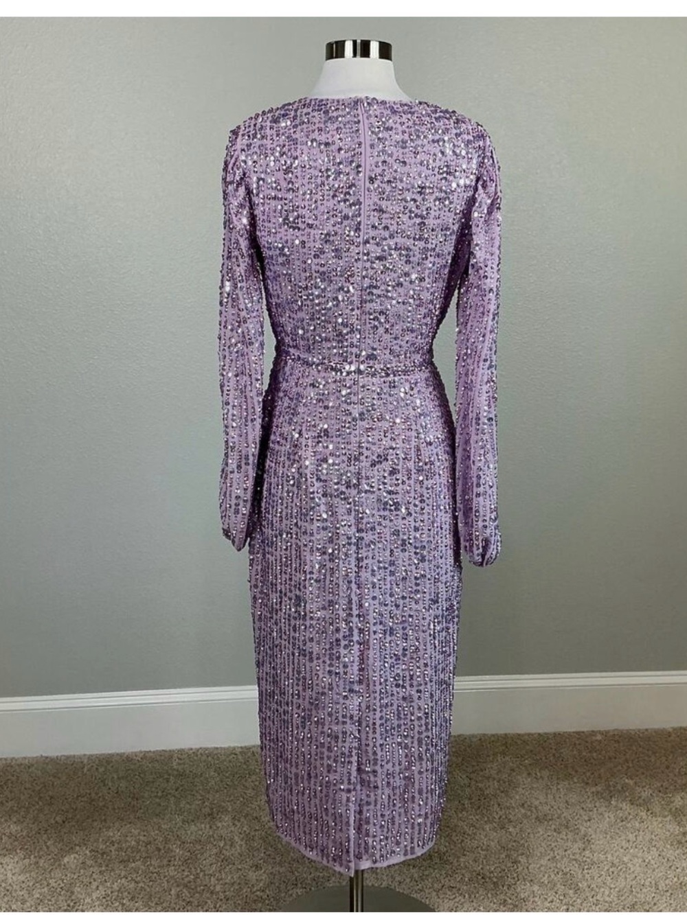 NWT Mac Duggal Purple Sequined Puff Sleeve V Neck Midi Lavender 14 - Picture 16 of 16
